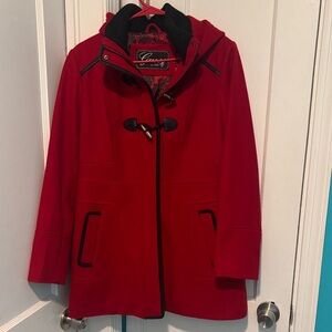 Guess Red Hooded Toggle Coat with Black Trim